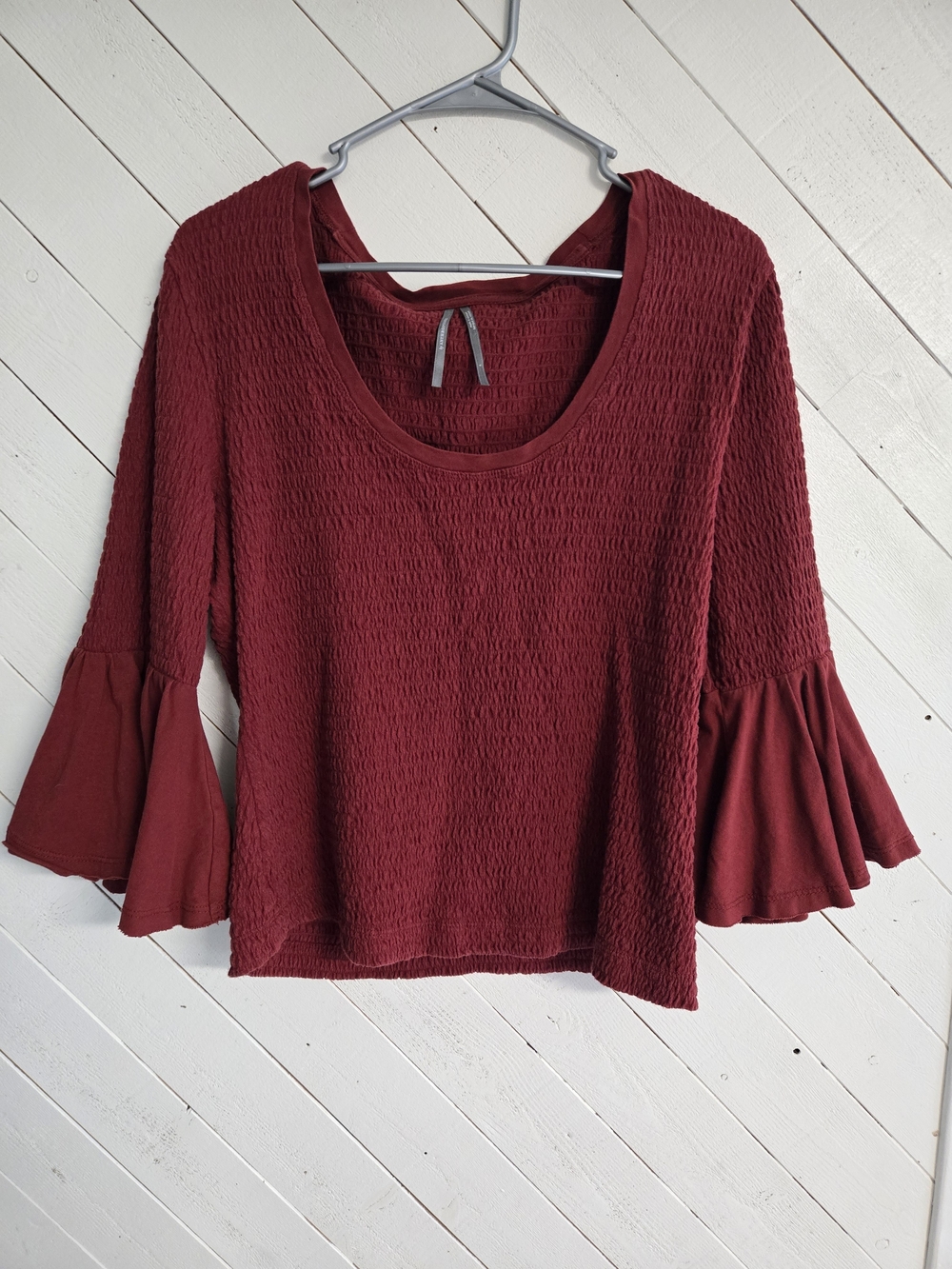 Anthropologie Textured Burgundy Bell-Sleeve Scoop Top